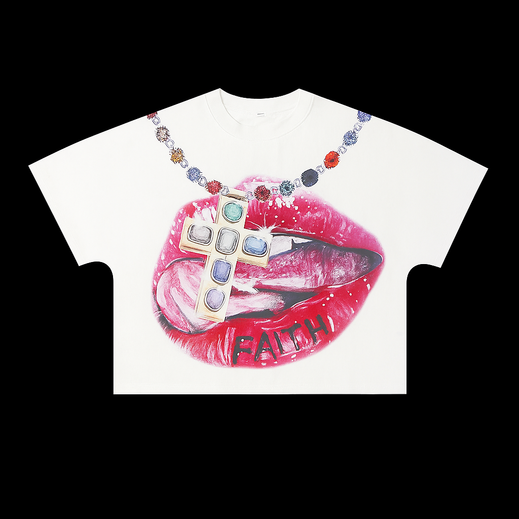 Billionaire Studios Glamorous Faith Lips Cross Graphic Crop Tee