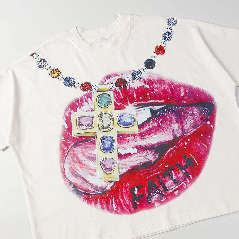 Billionaire Studios Glamorous Faith Lips Cross Graphic Crop Tee